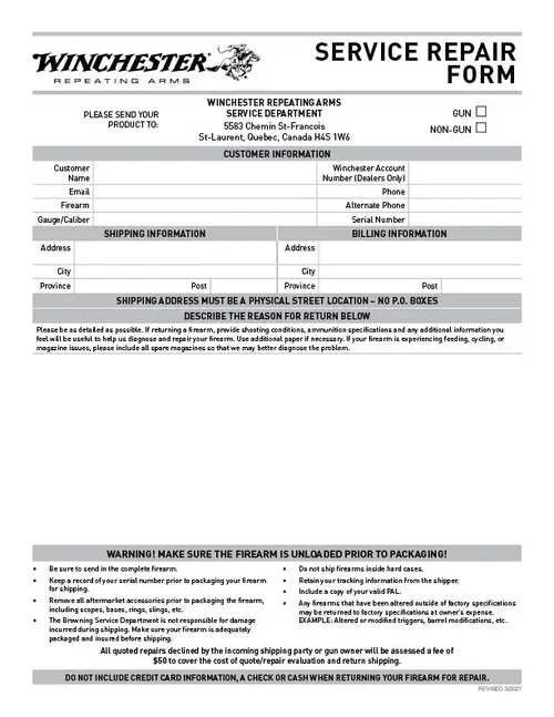 Winchester Canada Service Form 